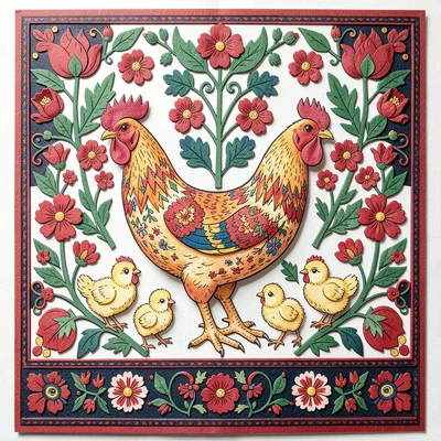 Polish wycinanki paper cut illustration, a chicken with chicks following behind 