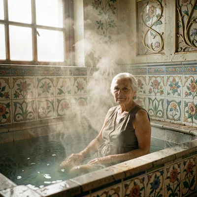 Humid atmospheric scene, Central European grandeur, Elderly woman sitting in the
