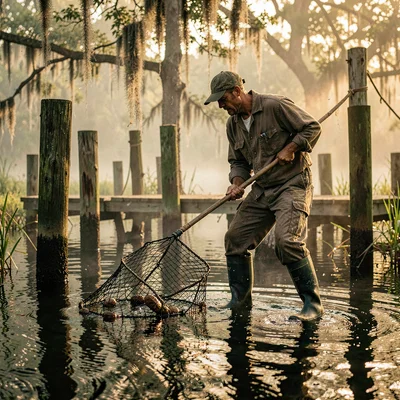 Atmospheric photograph with Louisiana bayou sensibility, A man in rubber boots a