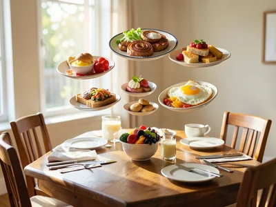 Breakfast spread floating above dining table, each item at different height, mor