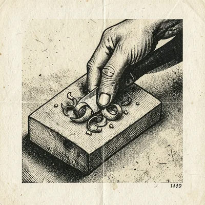 Fingers carving into a linoleum block with a gouge, curled shavings