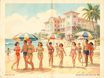 A beach scene: families in vintage swimwear, striped umbrellas, a lifeguard towe