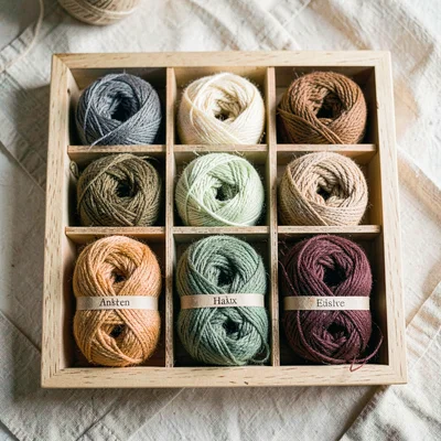 Overhead still life of a labeled wooden tray of yarn samples in eight tones, no