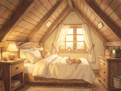 Cozy attic bedroom with lamplight