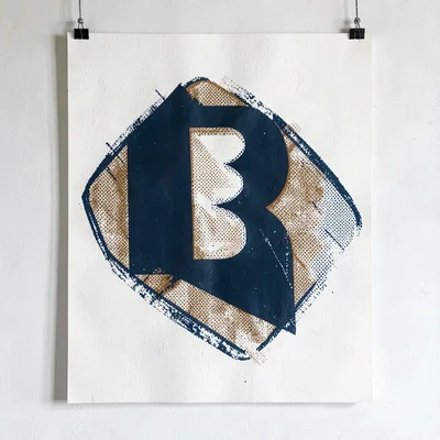 Bold screenprinted poster of a halftone abstract logomark mid-sketch, sienna and