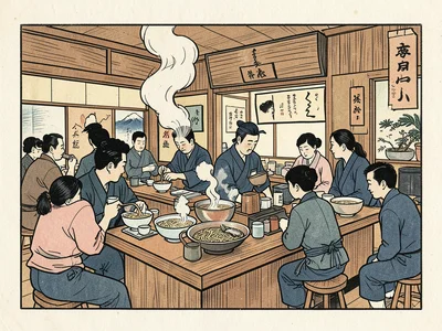 A ramen shop interior, steam rising from bowls, the cook ladling broth, customer