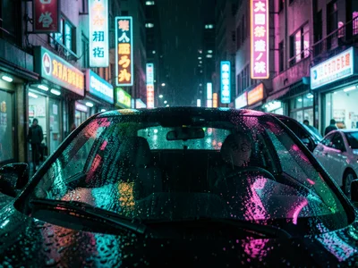 Rain on a car windshield at night in a neon district, the lights fractured and m