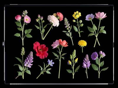 Flatbed scan of pressed flowers from mother's garden, botanical arrangement