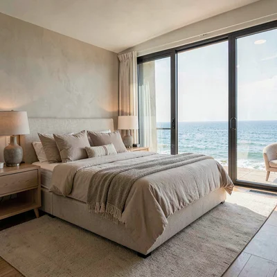 empty oceanfront primary bedroom with ocean view, neutral linens