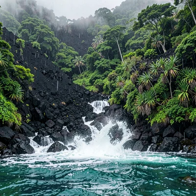 Stark black volcanic surfaces against verdant green, Black volcanic rocks meetin