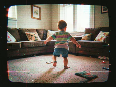 A toddler taking first steps across a living room carpet toward outstretched arm