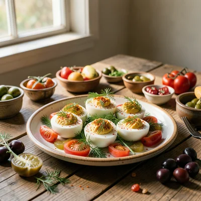 A platter of deviled eggs garnished with fresh dill and paprika, arranged on a h
