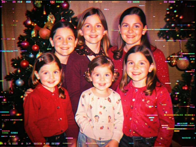 Holiday family portrait with data artifacts, warmth through digital decay