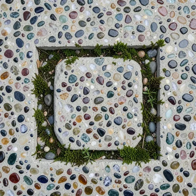 Garden terrazzo: river pebbles and colored glass set in concrete, outdoor steppi