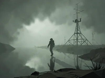 Distant astronaut silhouette walking across a fogbound lakebed toward a half-bur