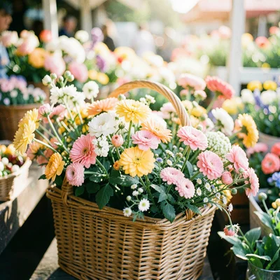 Market flowers in a wicker basket
