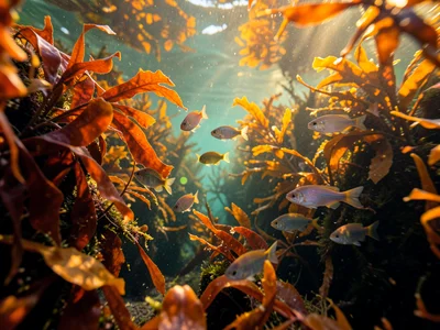 Autumn foliage colors appearing on underwater kelp forest, fish swimming past