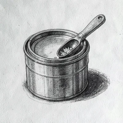 Charcoal sketch of a tobacco tin with a small scoop of leaf