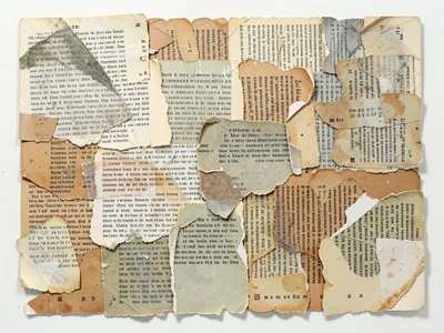 Dense collage of torn book pages in multiple languages, text-as-texture in overl