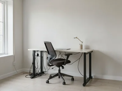 Home workspace with standing desk, ergonomic chair, and organized cable manageme