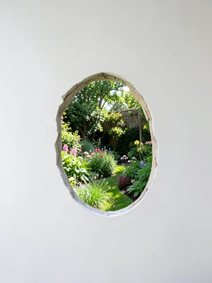 Person-shaped hole in wall revealing garden scene beyond, clean white wall