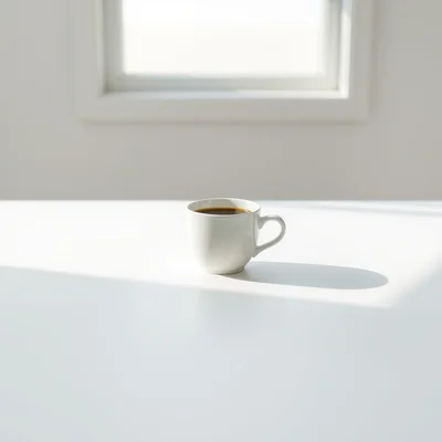 Minimalist photography of a single white coffee cup centered on a clean matte surface, soft natural window light, subtle