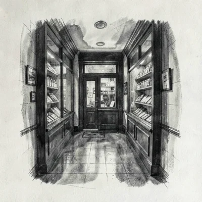 Editorial charcoal sketch of a pen-shop facade across a smudged corridor, deep b