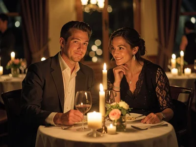 Couple at candlelit restaurant