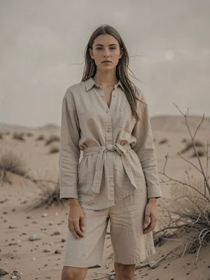 Model in neutral linen against desert