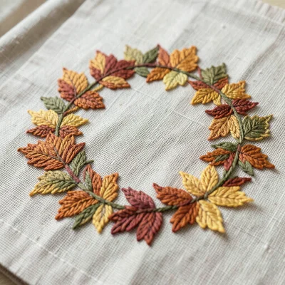 Embroidered autumn leaf wreath on linen tablecloth, harvest colors thread
