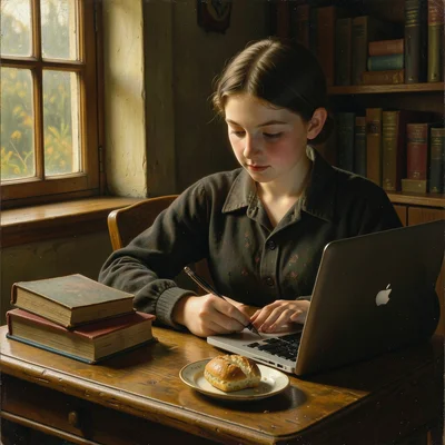 A student studying at a wooden desk, books stacked, a laptop glowing, a forgotte