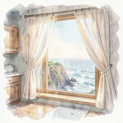 Watercolor cover painting of a coastal kitchen window opening onto cliffs and sl