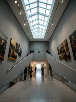 A spiral ramp gallery, visitors ascending, artworks on the outer wall, an atrium