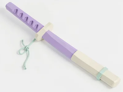 Sheathed lavender lowpoly katana with a chunky cream sheath and a tiny mint sage
