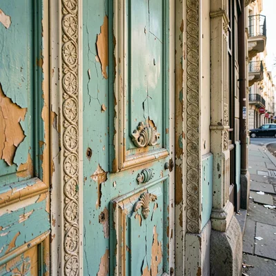 Buenos Aires faded grandeur, belle époque decay, Peeling turquoise paint reveali