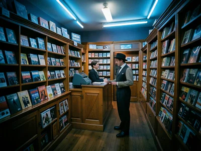 A video rental store in blue neon and warm wood, VHS boxes on shelves, a clerk i