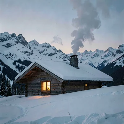 Crisp Alpine clarity, formal composition, Mountain refuge at dawn with fresh sno