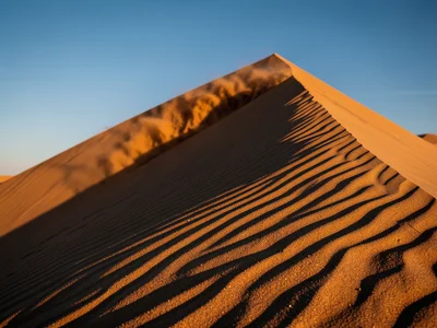 Slip face of large dune, steep angle of repose with grain avalanche visible, sha