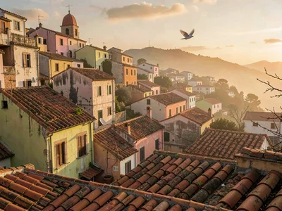 Quiet rooftop expanse just before sunset, every tile holding the day's heat, a s