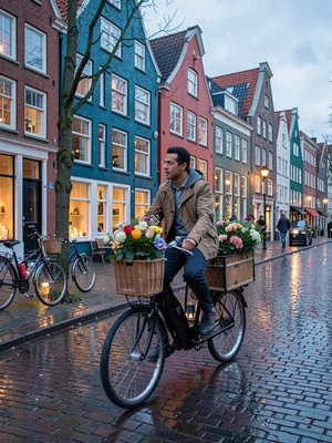 Bicycle rhythm through Copenhagen, a cargo bike laden with flowers cycling past 