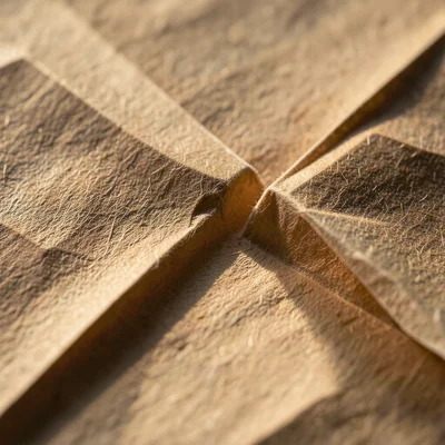 Sink fold collapse on thin handmade mulberry paper, visible through-fold where p