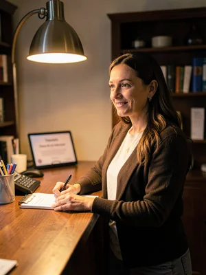Lamp-lit portrait of a time-bank coordinator at a check-in counter, warm sconce