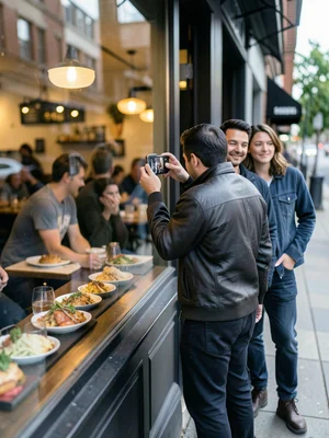 A person standing on a sidewalk taking a photo of food through a restaurant wind