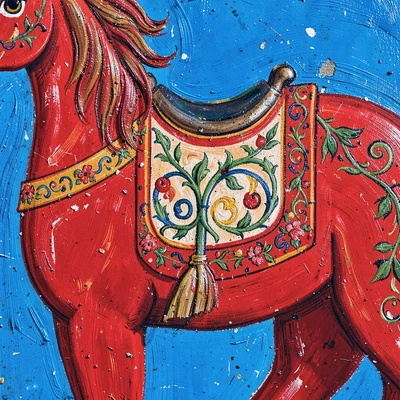 Dala horse close-up — saddle decoration detail, individual brushstrokes visible