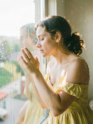 Woman in a faded yellow sundress pressing her face against a rain-streaked windo
