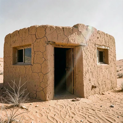 Desert environment photograph, extreme heat conditions, A mud brick building wit