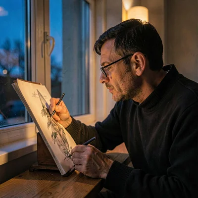 Warm lamp-line portrait of a resident sketching at a window seat, single warm sc