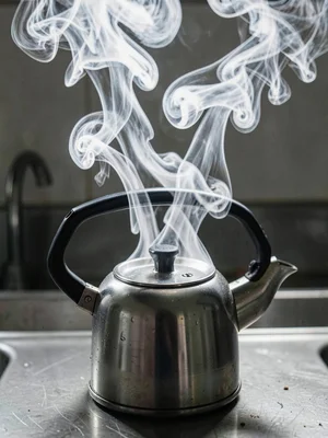Boiling water in a kettle, steam and convection currents rising in chaotic visib