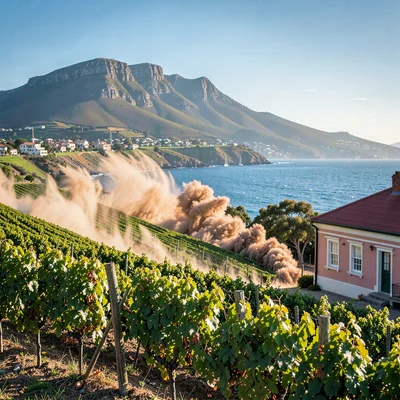 Cape Town southeaster wind shaping the scene, Stellenbosch wine estate vineyards