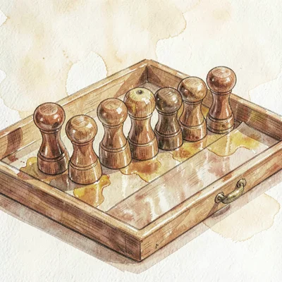 Warm illustration of a row of wooden-handled stamps lined on a tray, butter and 